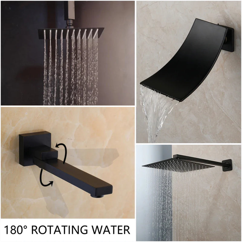 Afralia™ 8/16 Inch Matte Black LED Rainfall Shower Faucet Set