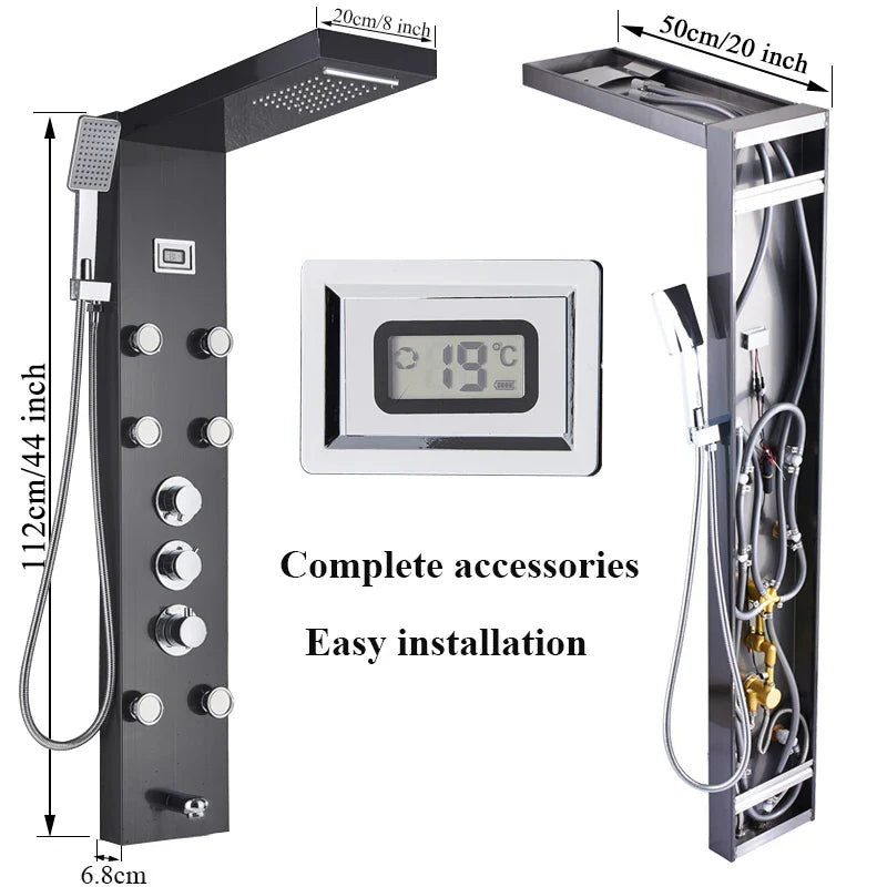 Afralia™ Thermostatic Mixer Shower Panel with Rainfall Waterfall Massage Jets - Shower Faucet Tower