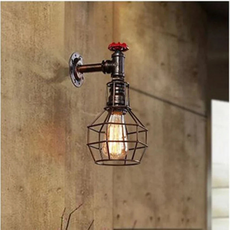 Afralia™ Vintage Industrial Iron Rust Wall Lamp Retro Cage Sconce for Living Room