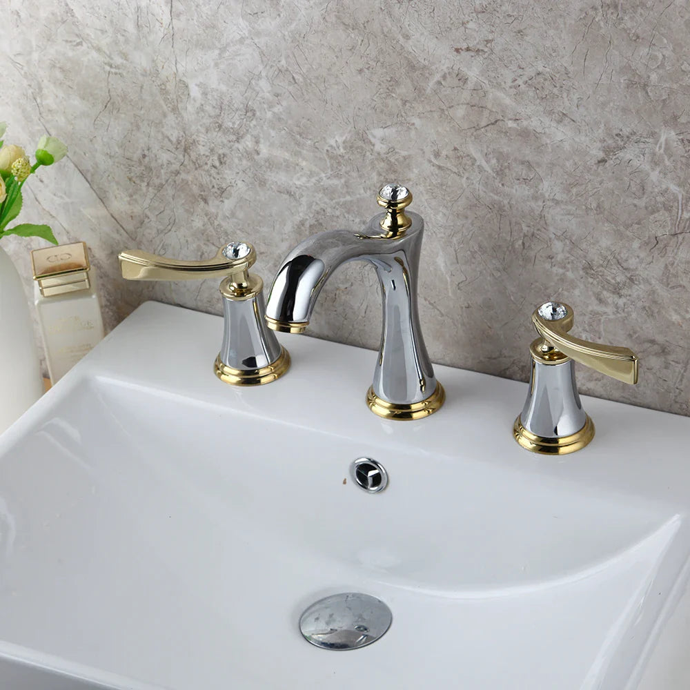 Afralia™ Matte Black Golden Bathroom Faucet with 2 Diamond Handles, Deck Mount Basin Mixer Tap