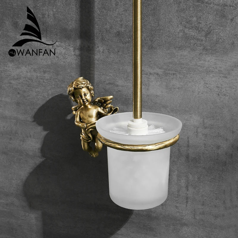 Afralia™ Classic Angel Brass Toilet Brush and Holder Set for Bathroom