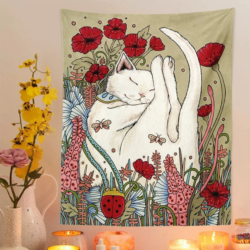 Afralia™ Cute Cat Botanical Flower Ins Style Cartoon Wall Art Tapestries for Home Decor