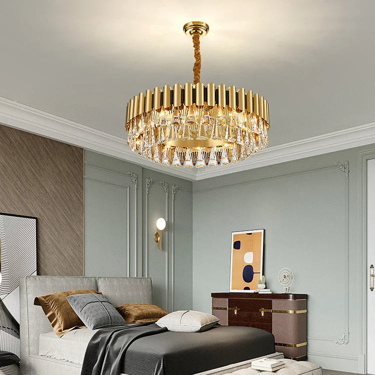 Afralia™ Golden Stainless Steel Crystal Chandelier | LED Round Oval Lustre Fixture