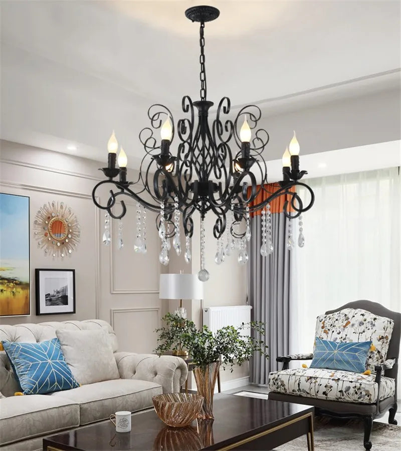 Afralia™ Crystal Pendant Industrial Chandelier. European Wrought Iron Lamps for Living Room, Bar, Restaurant.