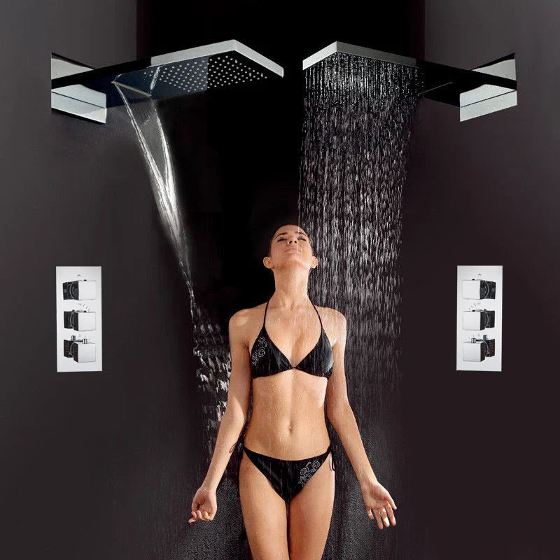 Afralia™ Matte Black Thermostatic Rain Waterfall Shower Set Wall Mounted Triple Shower Faucet