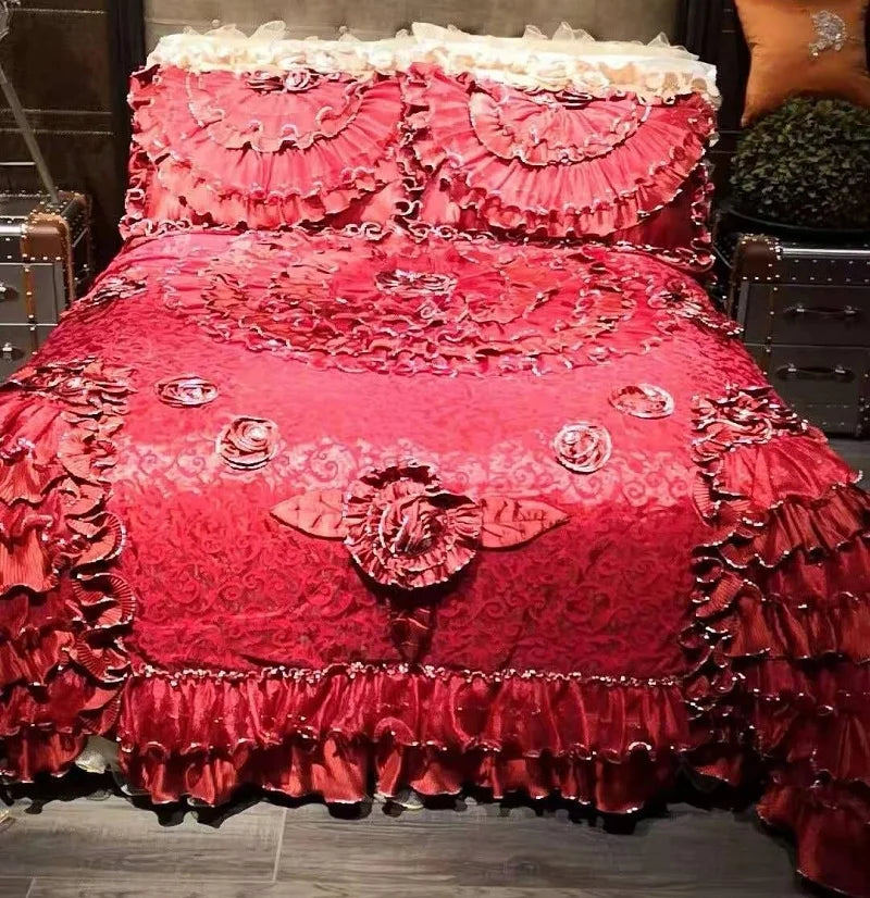 Afralia™ Jacquard Rose Lace Bedding Set, Luxurious European Style, Red & Champagne