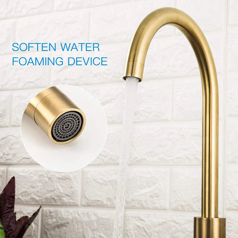 Afralia™ Brushed Gold Stainless Steel Kitchen Faucet 360 Rotate Deck Mount Sink Mixer Taps