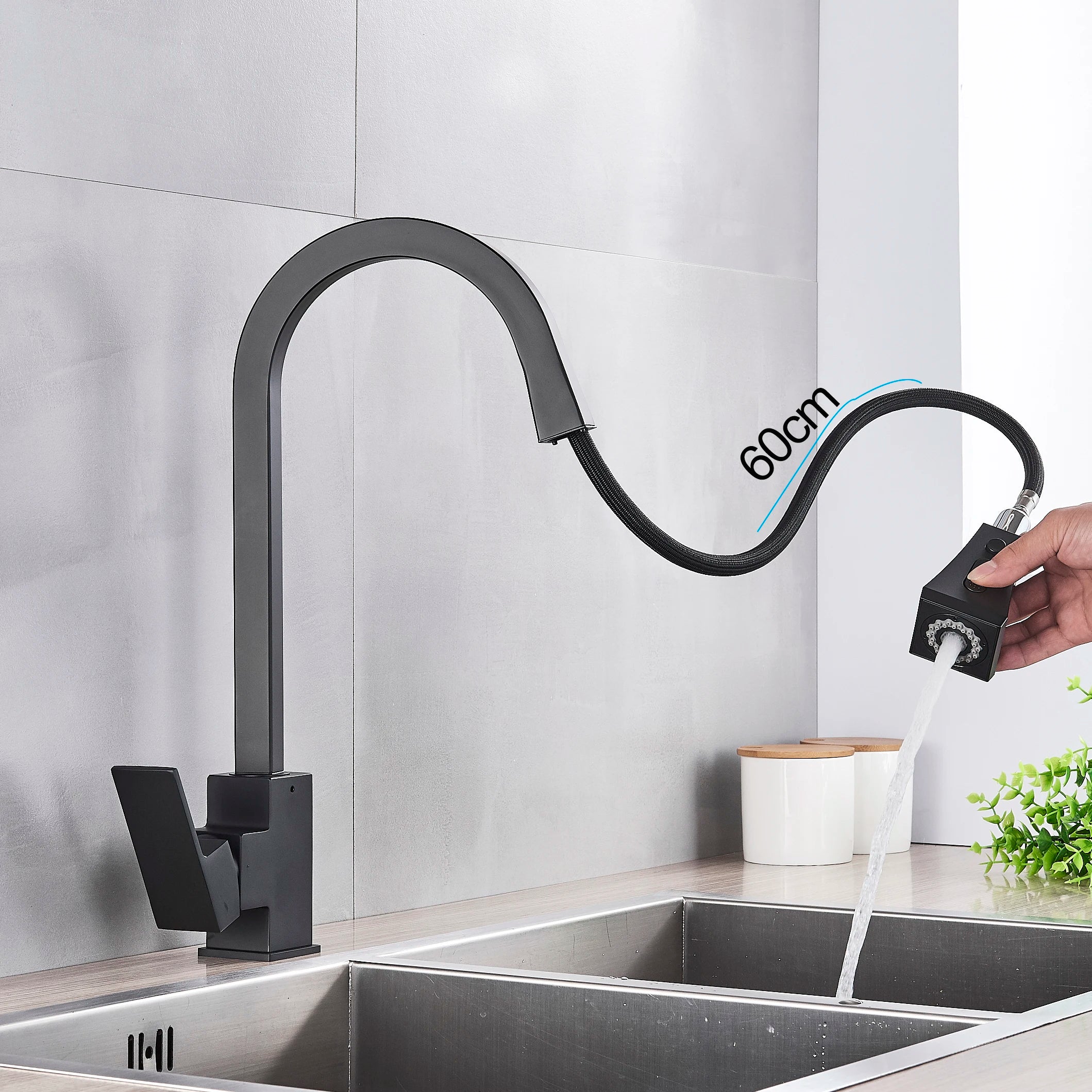 Afralia™ Black Kitchen Faucet Pull Out Mixer Square Single Handle Deck Mounted Tap