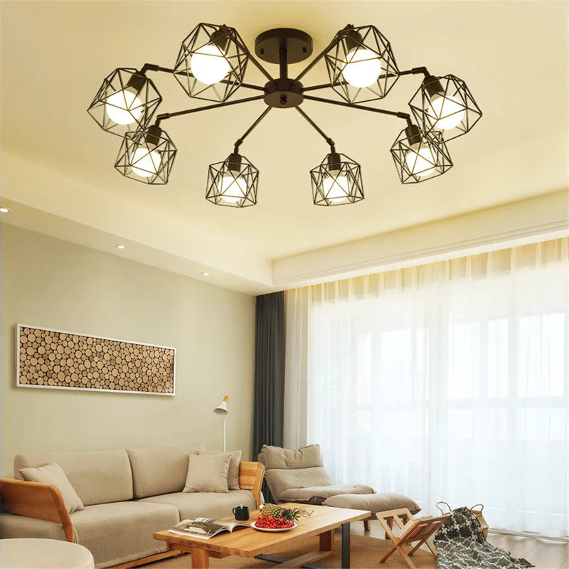 Afralia™ Black Iron Cage Chandelier: Adjustable Spider Design Modern Ceiling Lamp