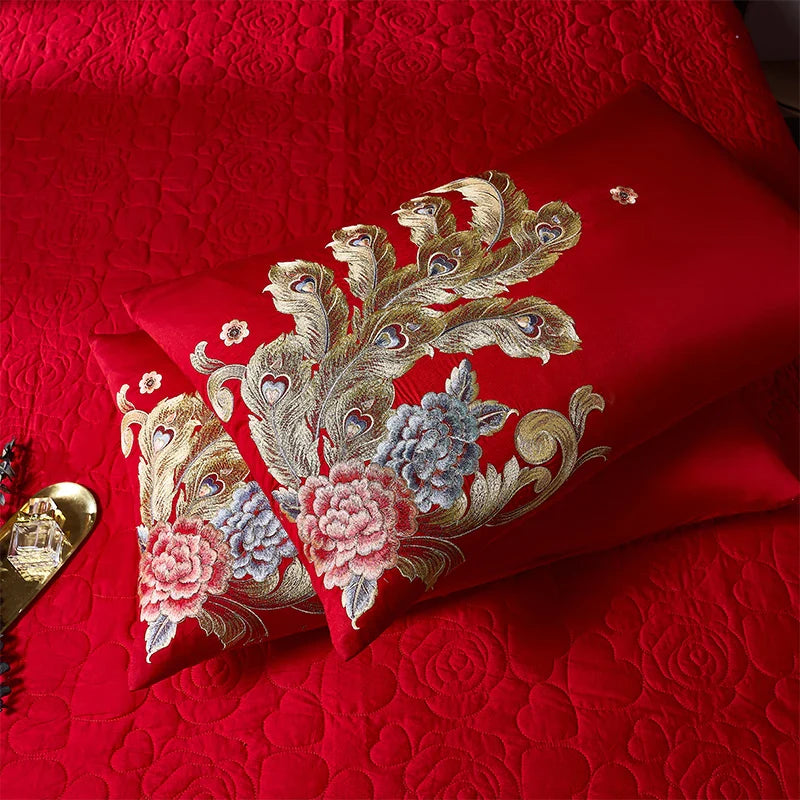 Afralia™ Red Chinese Wedding Style Bedding Set with Gold Loong Phoenix Embroidery
