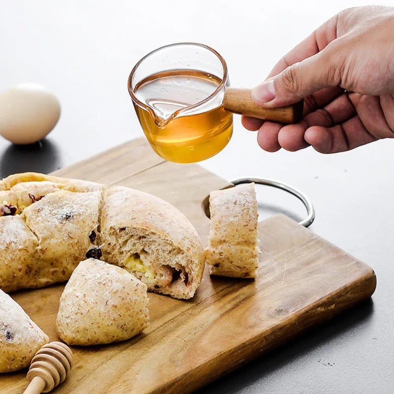 Afralia™ Glass Espresso Measuring Cup with Wood Handle, Milk Jug for Coffee & Sauce