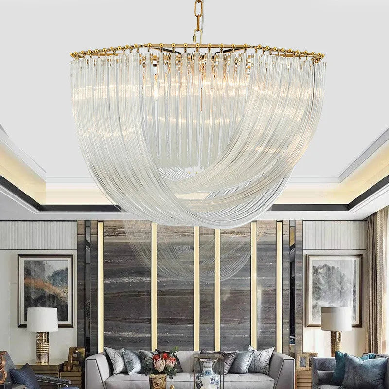 Afralia™ Lustre Plate Metal LED Pendant Light Glass Chain Hanging Lamp