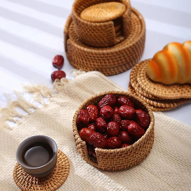 Afralia™ Round Natural Rattan Coasters - Handmade Cup Mat for Kitchen Decoration