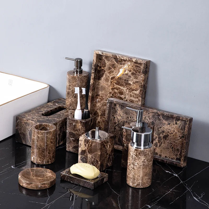 Afralia™ Emperador Dark Marble Bathroom Set: Toothbrush Holder, Soap Dish, Soap Dispenser