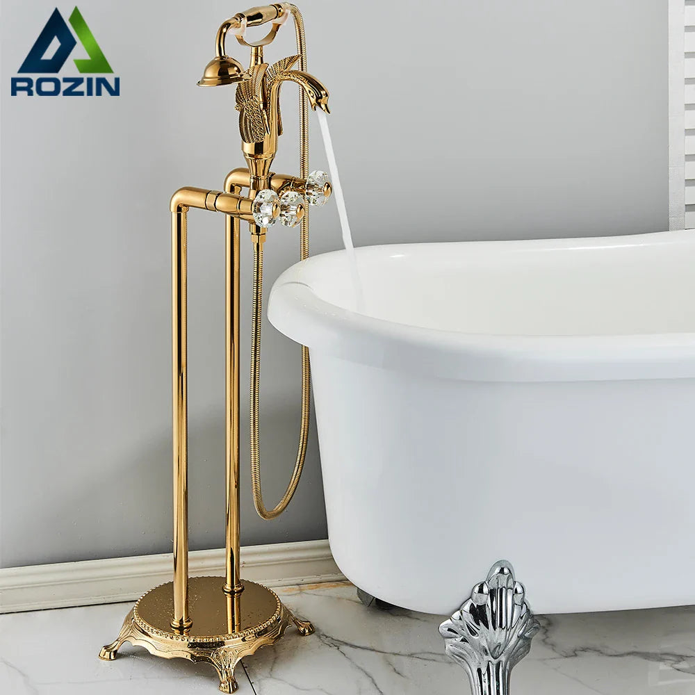 Afralia™ Golden Bird Freestanding Bathtub Faucet with Dual Crystal Handles