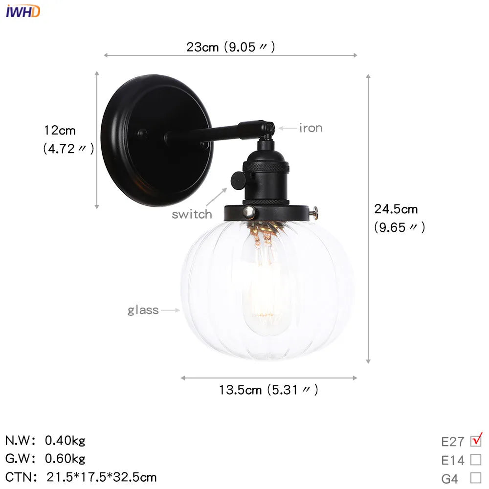 Afralia™ Loft Glass Ball Wall Light Switch Black Wall Sconces - Industrial Decor