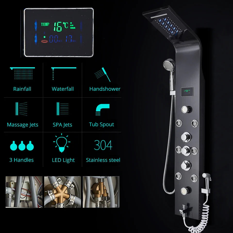 Afralia™ LED Rainfall Shower Panel System with Temperature Screen