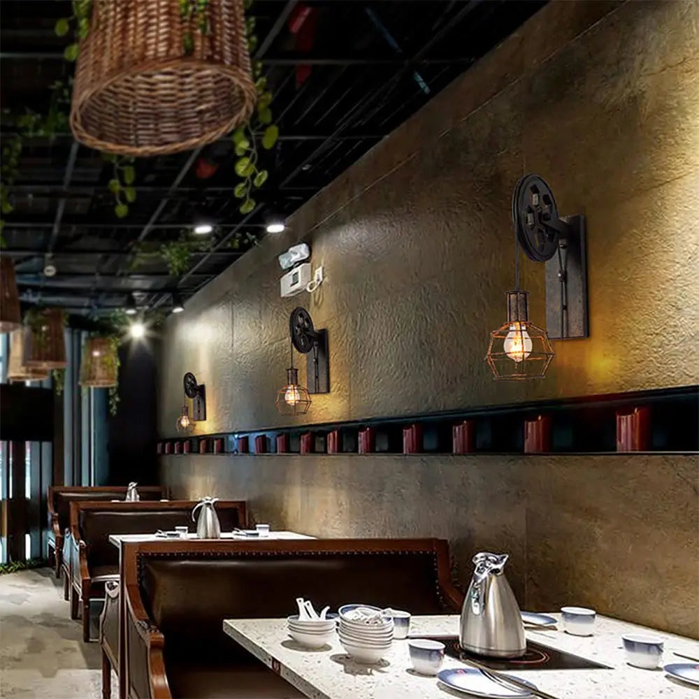 Afralia™ Industrial Pulley Wall Lamp Adjustable Sconce Light Fixture Loft Cafe Bar