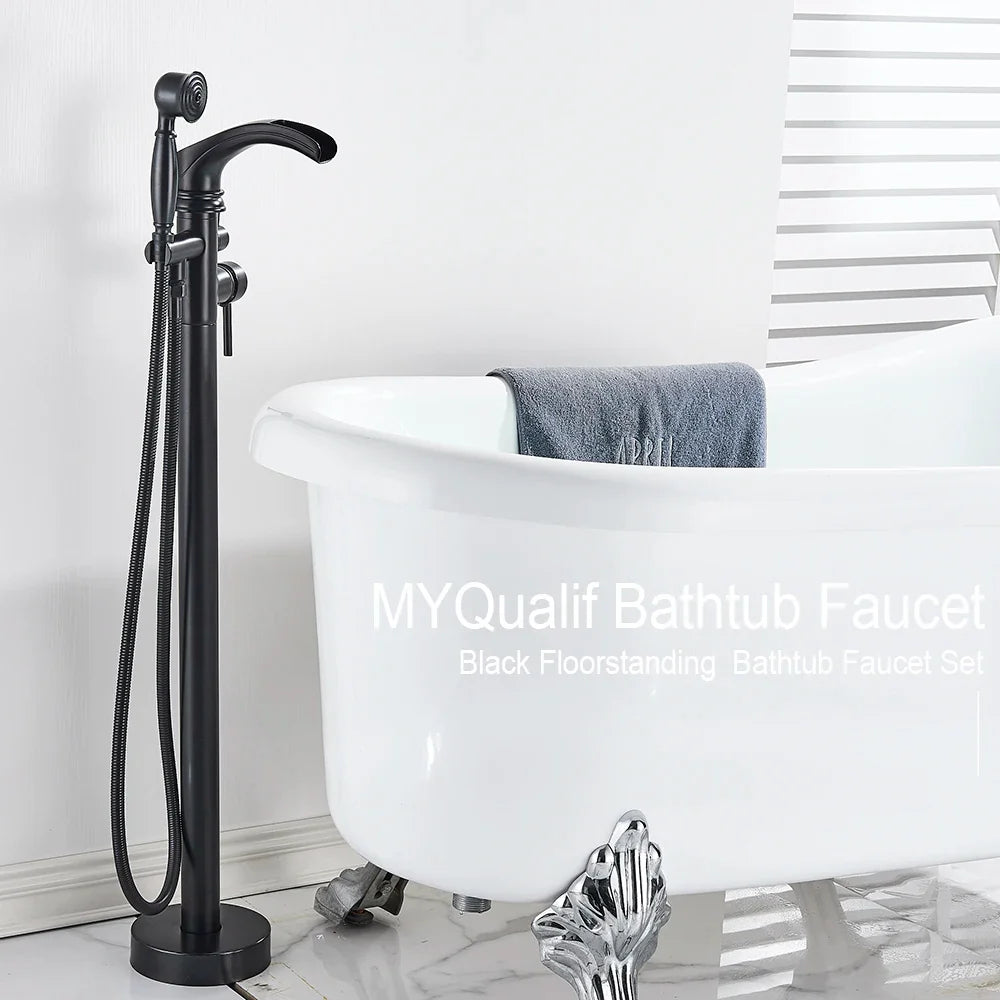 Afralia™ Matte Black Floorstanding Dual Handle Tub Faucet Swivel Spout Floor Mounted Mixer