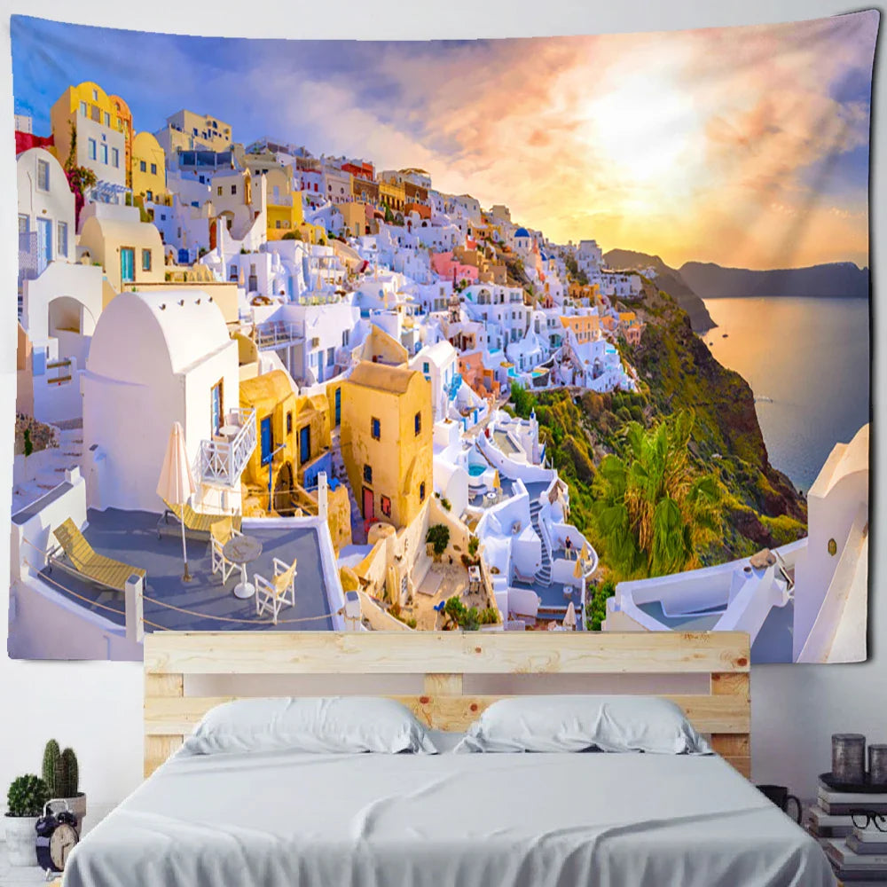 Afralia™ Castle Village Sunset Tapestry Wall Hanging - Fantasy City Landscape Wall Art