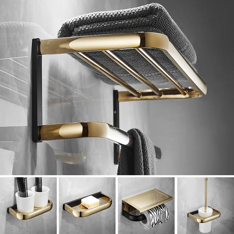 Afralia™ Gold & Black Bathroom Hardware Set: Shelf, Towel Rack, Paper Holder, Brush Holder