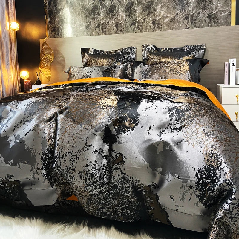 Afralia™ Black Gold Jacquard Egyptian Cotton Bedding Set, Satin Duvet Cover, Fitted Sheet Pillowcases