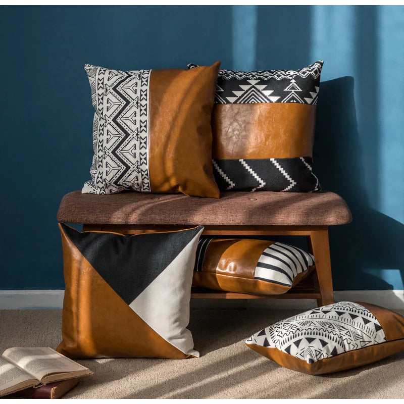 Afralia™ Cognac Leather Cotton Color Block Cushion Cover 45x45cm