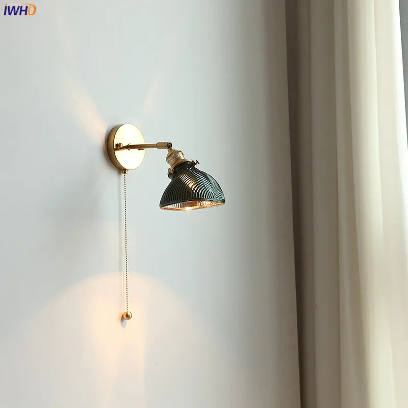 Afralia™ Green Glass LED Wall Lights Pull Chain Switch Indoor Lighting Adjustable Fixtures