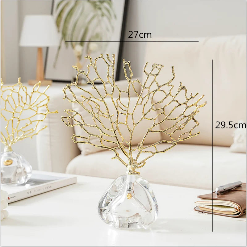 Afralia™ Crystal Metal Golden Coral Handicraft Home Decor for Modern Living Space