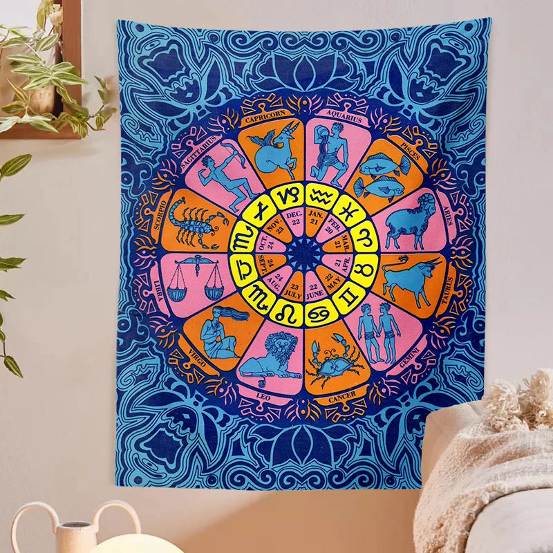 Afralia™ Zodiac Wheel Tarot Tapestry: Hippie Boho Wall Art for Astrology & Witchcraft