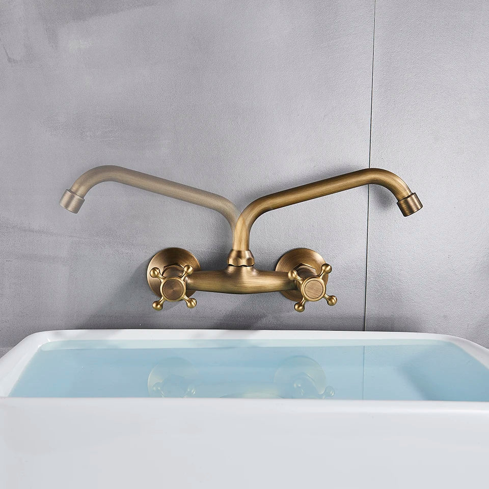 Afralia™ Swivel Spout Antique Brass Wall Mounted Kitchen Faucet Mixer Tap