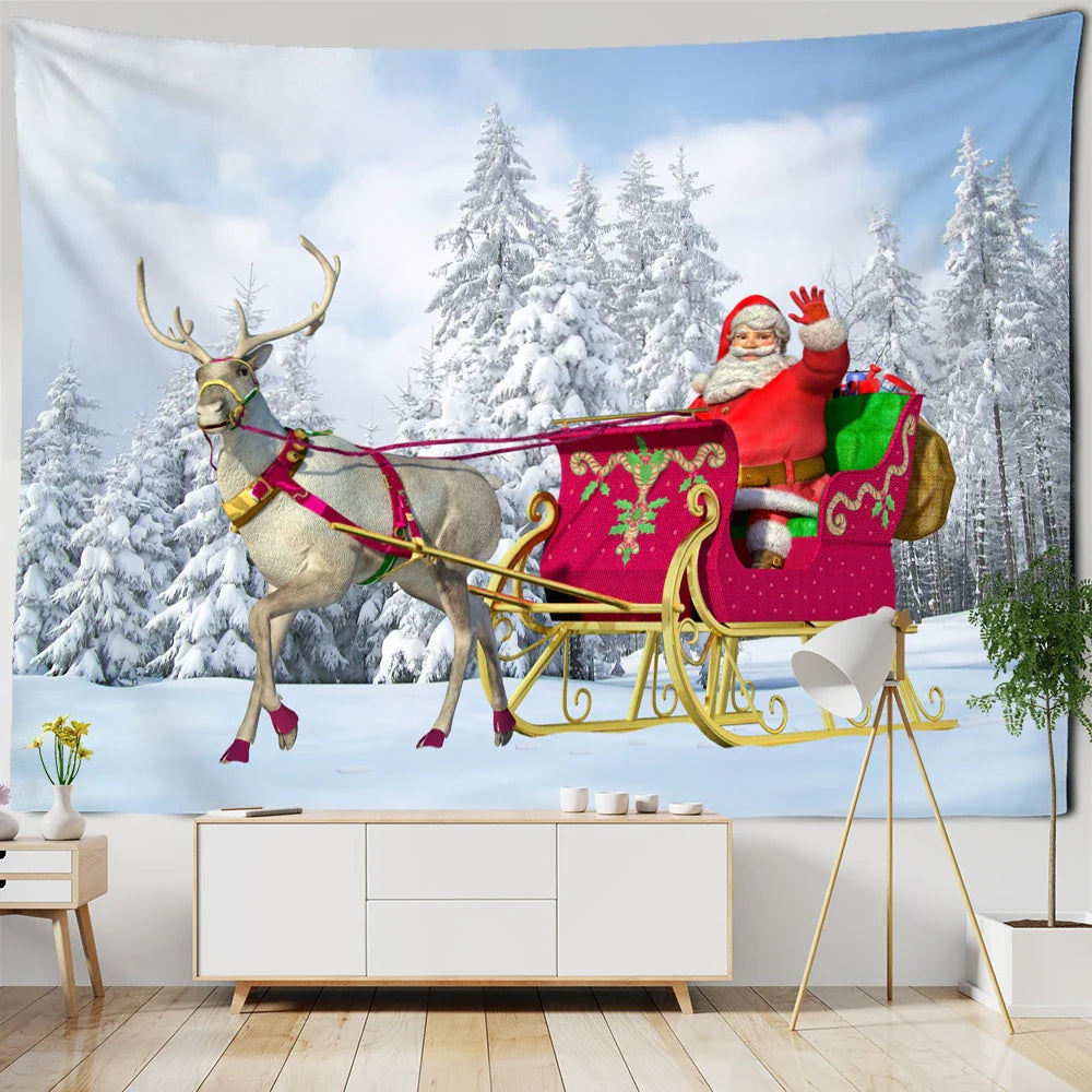 Afralia™ Santa Claus Sleigh Tapestry Wall Hanging Witchcraft Christmas Day Girl Home Decor
