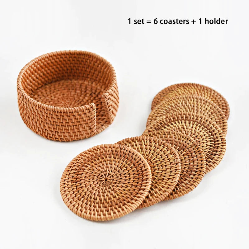 Afralia™ Rattan Coasters Set with Holder, Glass Base, Drink and Pot Pad, Tableware