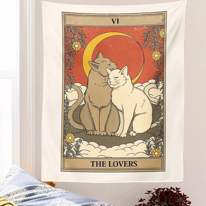 Afralia™ Cat Divination Tarot Card Tapestry Moon Phase Wall Hanging Décor