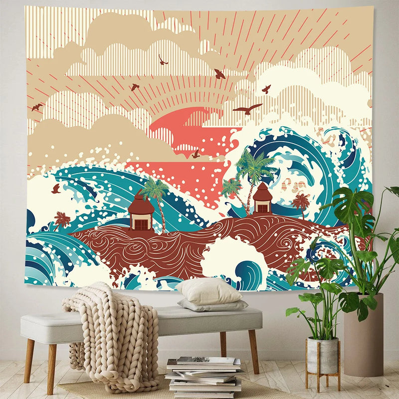 Afralia™ Sea Sunrise Japanese Home Art Tapestry Hippie Bohemian Wall Bed Sofa Blanket