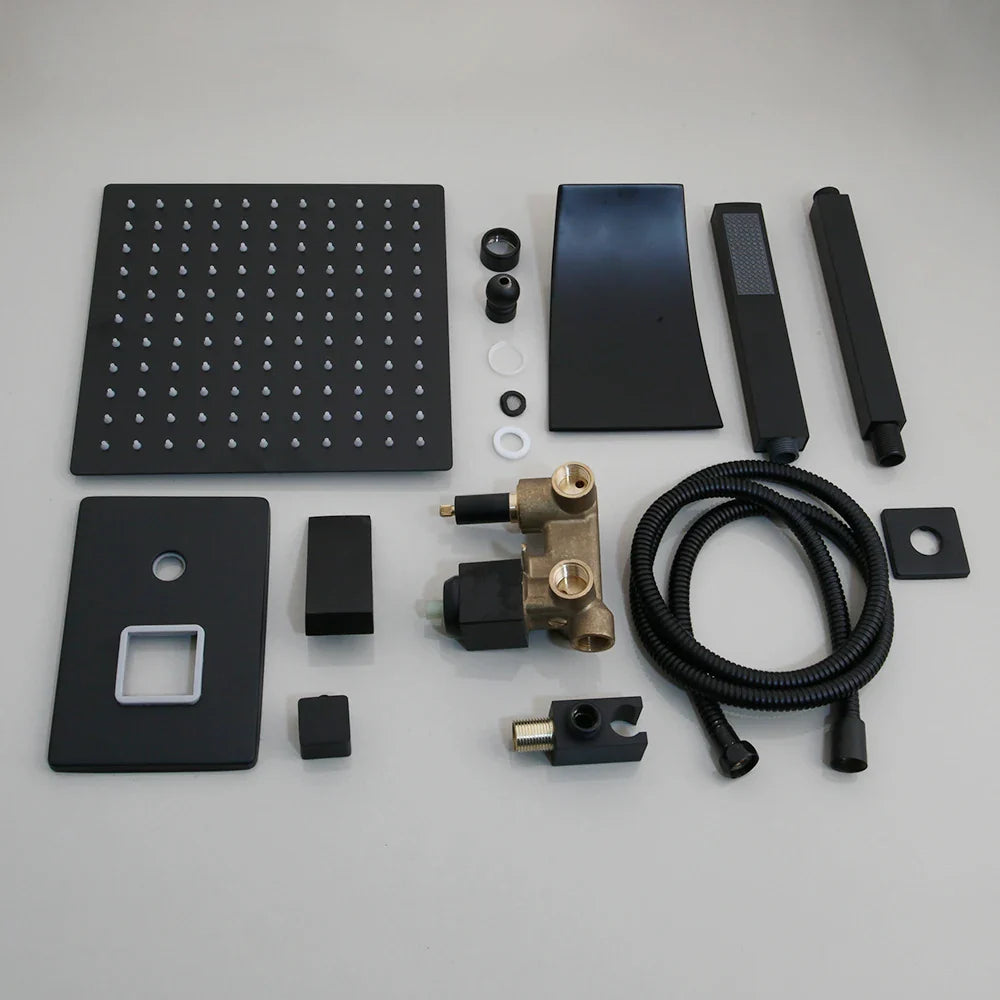 Afralia™ Matte Black LED Shower Faucet Set with Rainfall, Waterfall, Tub, and Hand Shower