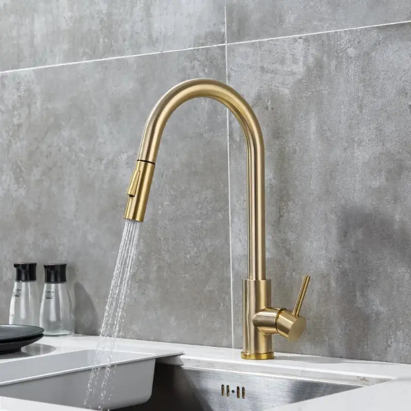 Afralia™ Brushed Gold Pull Out Kitchen Faucet - SUS 304 Stainless Steel