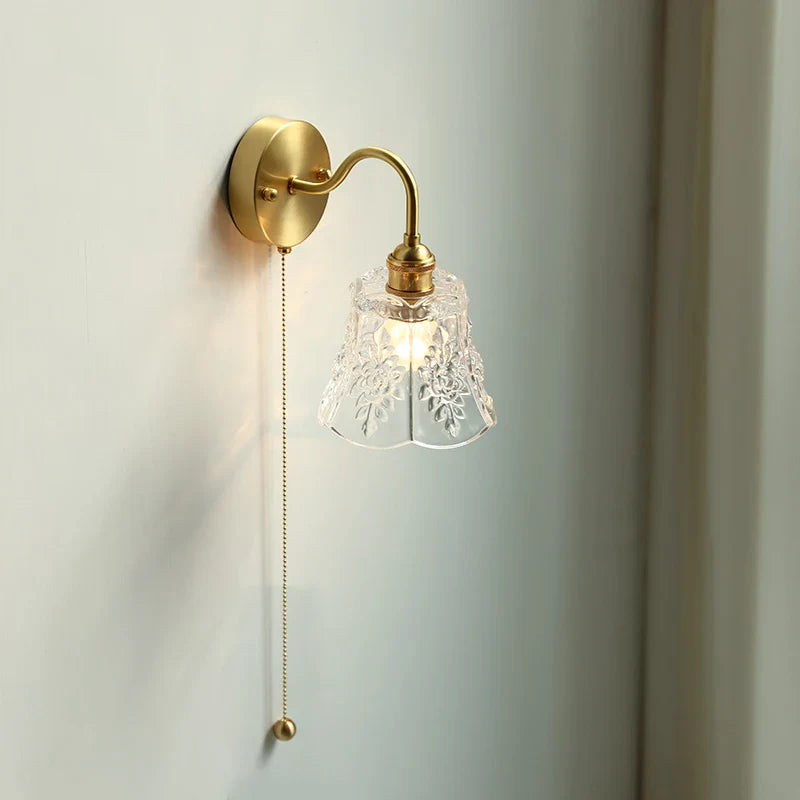 Afralia™ Glass LED Bathroom Mirror Light Pull Chain Copper Wall Sconce