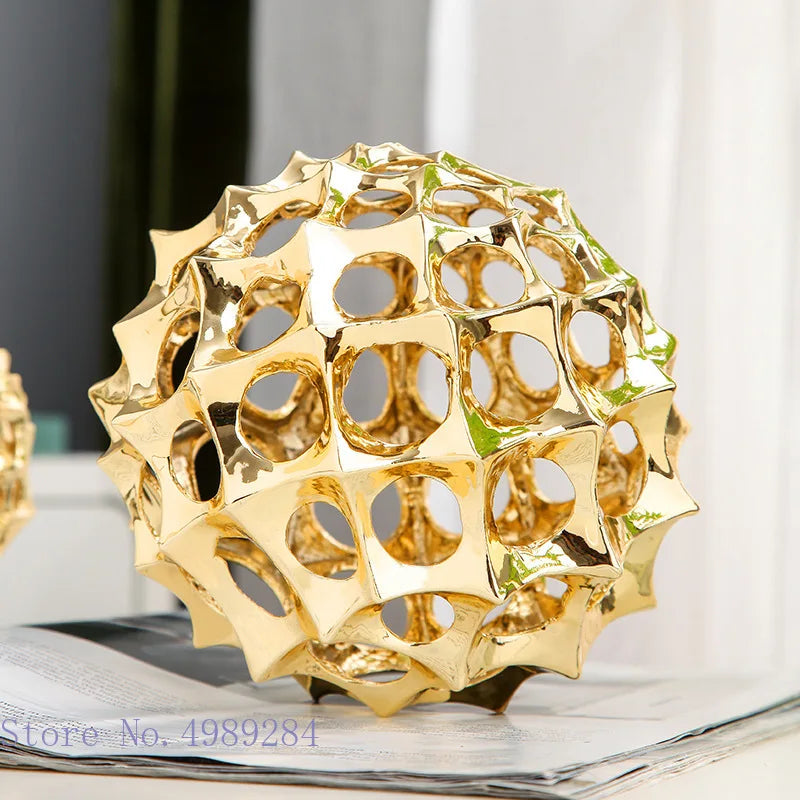 Afralia™ Golden Metal Hollow Ball Spike Abstract Ornament Home Decor