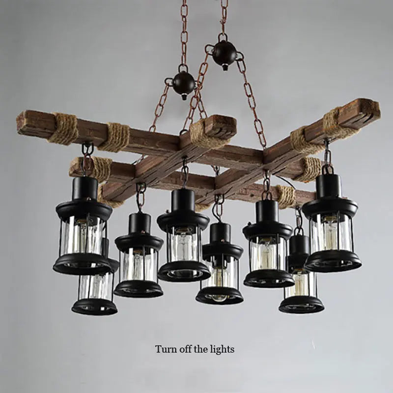 Afralia™ Vintage Wood Chandelier: 8-Head Retro Industrial Glass Pendant Iron Lamp for Cafe, Bar, and Store