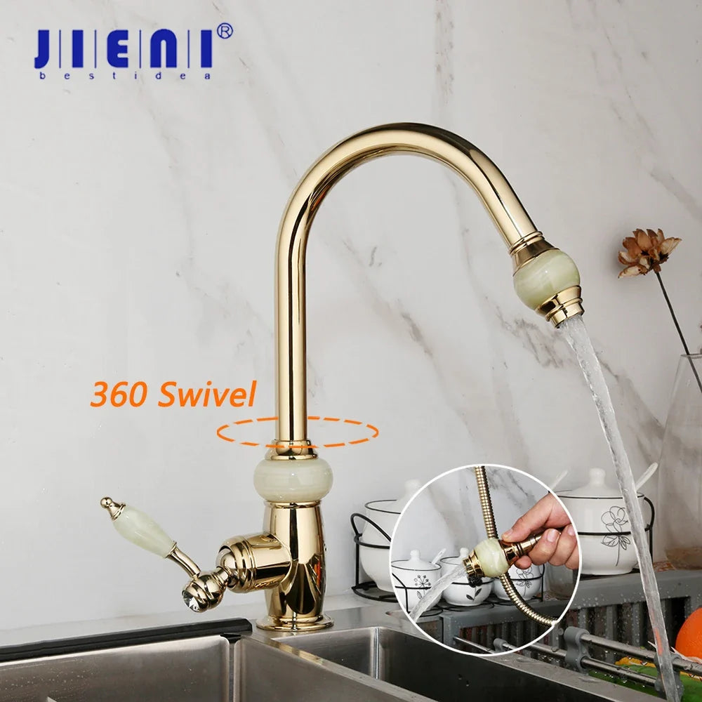 Afralia™ Golden Jade & Diamond Handle Kitchen Faucet with Swivel Pull Out Function