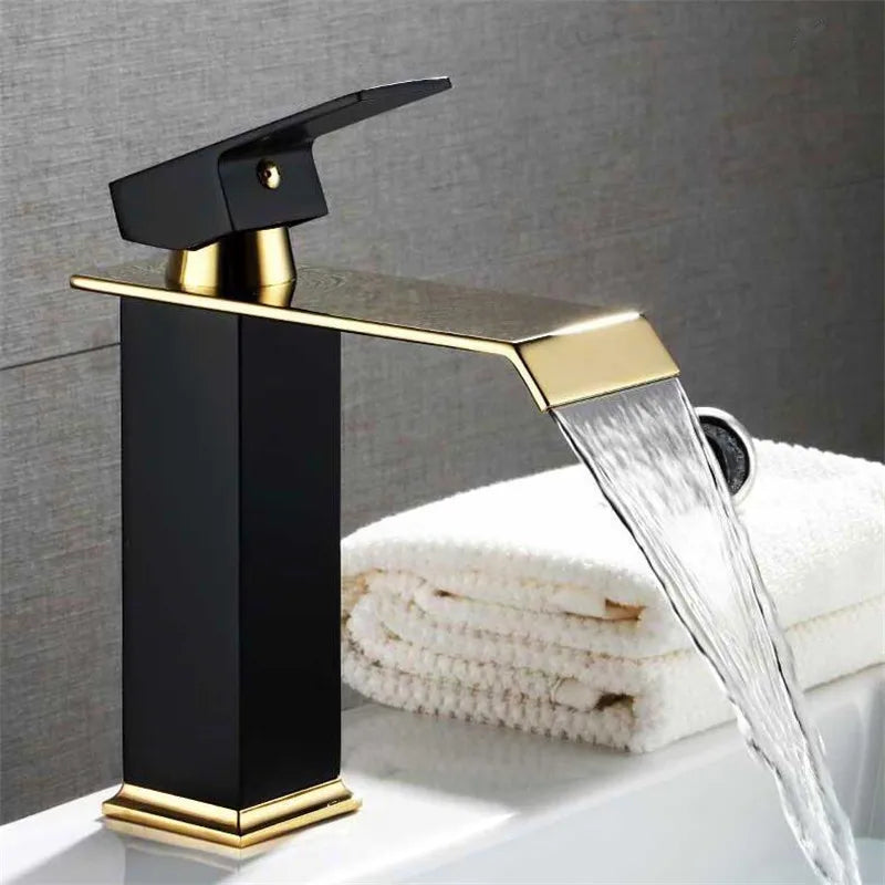 Afralia™ Gold Black Waterfall Basin Faucet Mixer Tap Hot Cold Sink Brass Bathroom