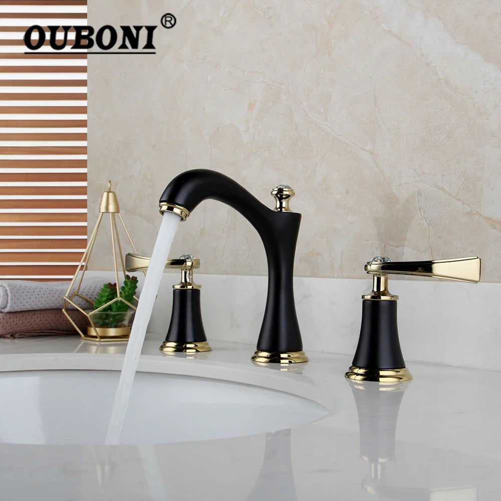 Afralia™ Matte Black Golden Bathroom Faucet with 2 Diamond Handles, Deck Mount Basin Mixer Tap