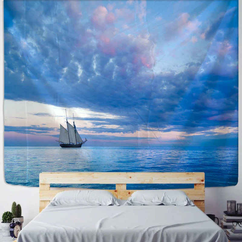 Blue Clouds Landscape Sky & Sea Wall Tapestry for Home Decor by Afralia™.