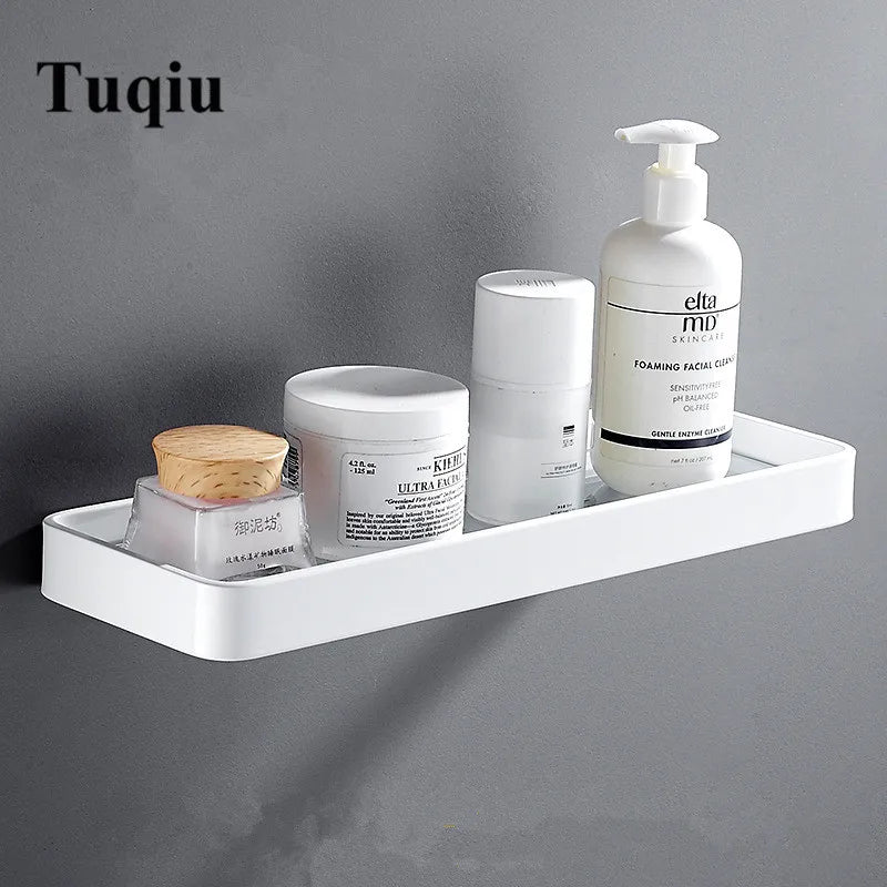Afralia™ Square White Glass Bathroom Shelf Aluminum Shower Rack Cosmetic Storage