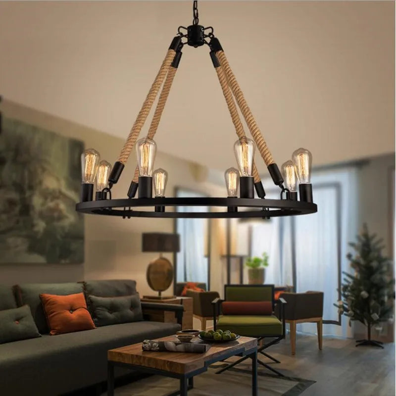 Afralia™ Retro Rope Chandelier Loft Style 6/8 Lights American Candle Wrought Iron Light