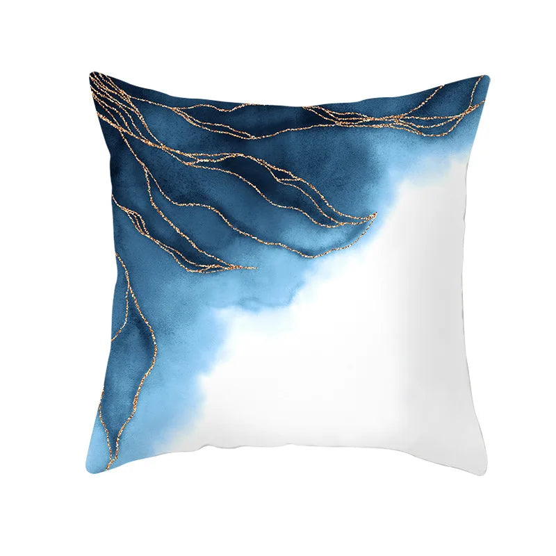 Afralia™ Blue Ink Gold Edge Geometric Cushion Cover - Polyester Throw Pillow Case