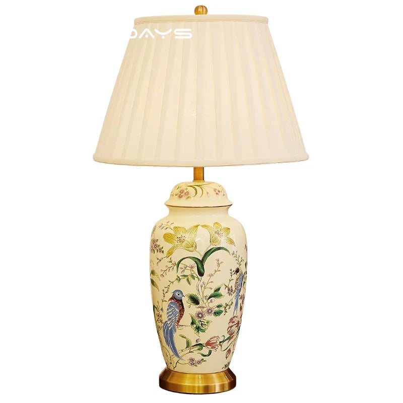 Afralia™ Country Flower Bird Ceramic Table Lamp Modern Simple Retro Bedroom Bedside