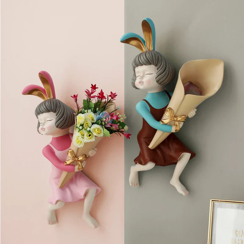 Afralia™ Rabbit Girl Statue Wall Vase: Unique Room Decor with Flower Vase & Planter