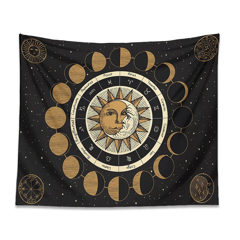 Afralia™ Astrology Wheel Tapestry Moon Phase Sun and Moon Starry Sky Home Decor